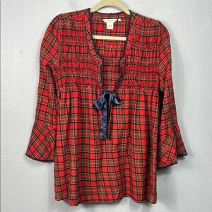 Sundance Red Plaid Smocked 3/4 Sleeve Tie Detail Top Small